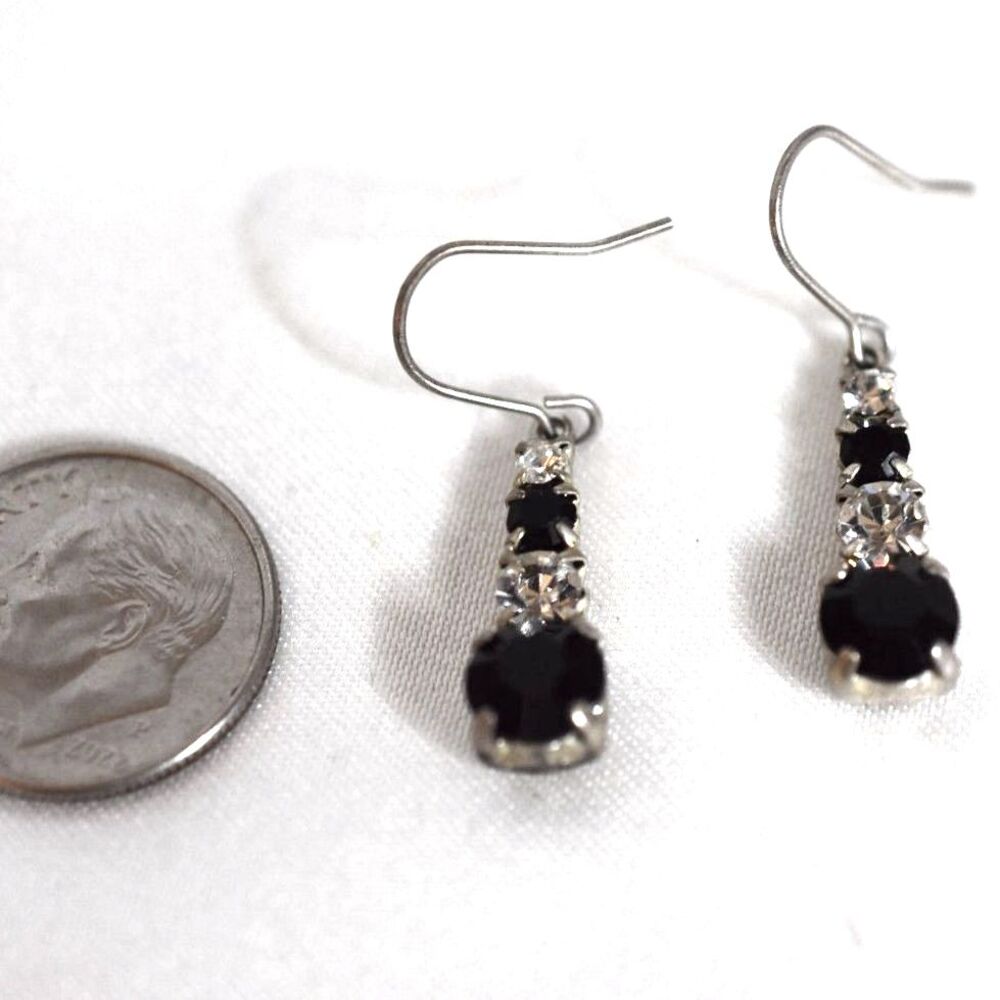 Vintage Party Glam Black/Clear Cut Crystal Silver Tone 3/4" Drop Hook Earrings